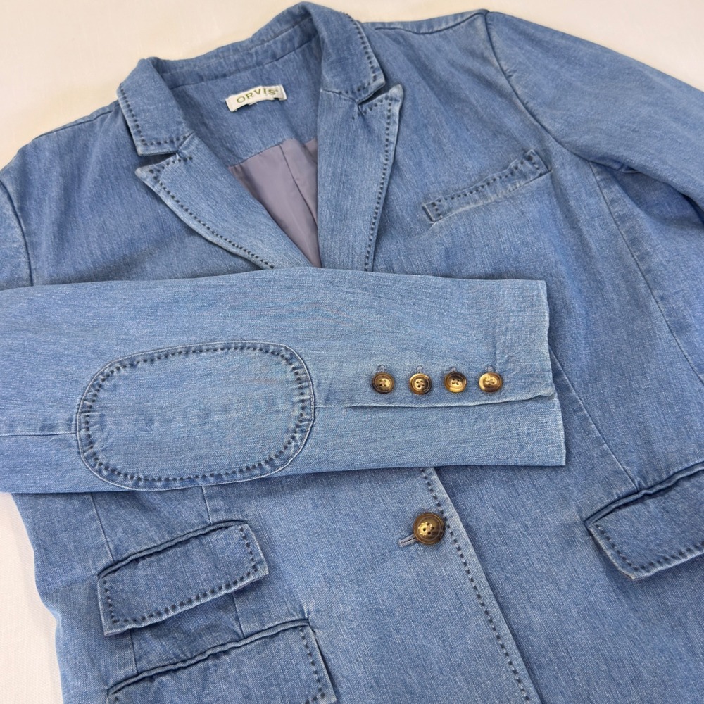 Orvis Lined Denim Blazer Jacket Elbow Patches Pick Stitch Blue Size Unknown